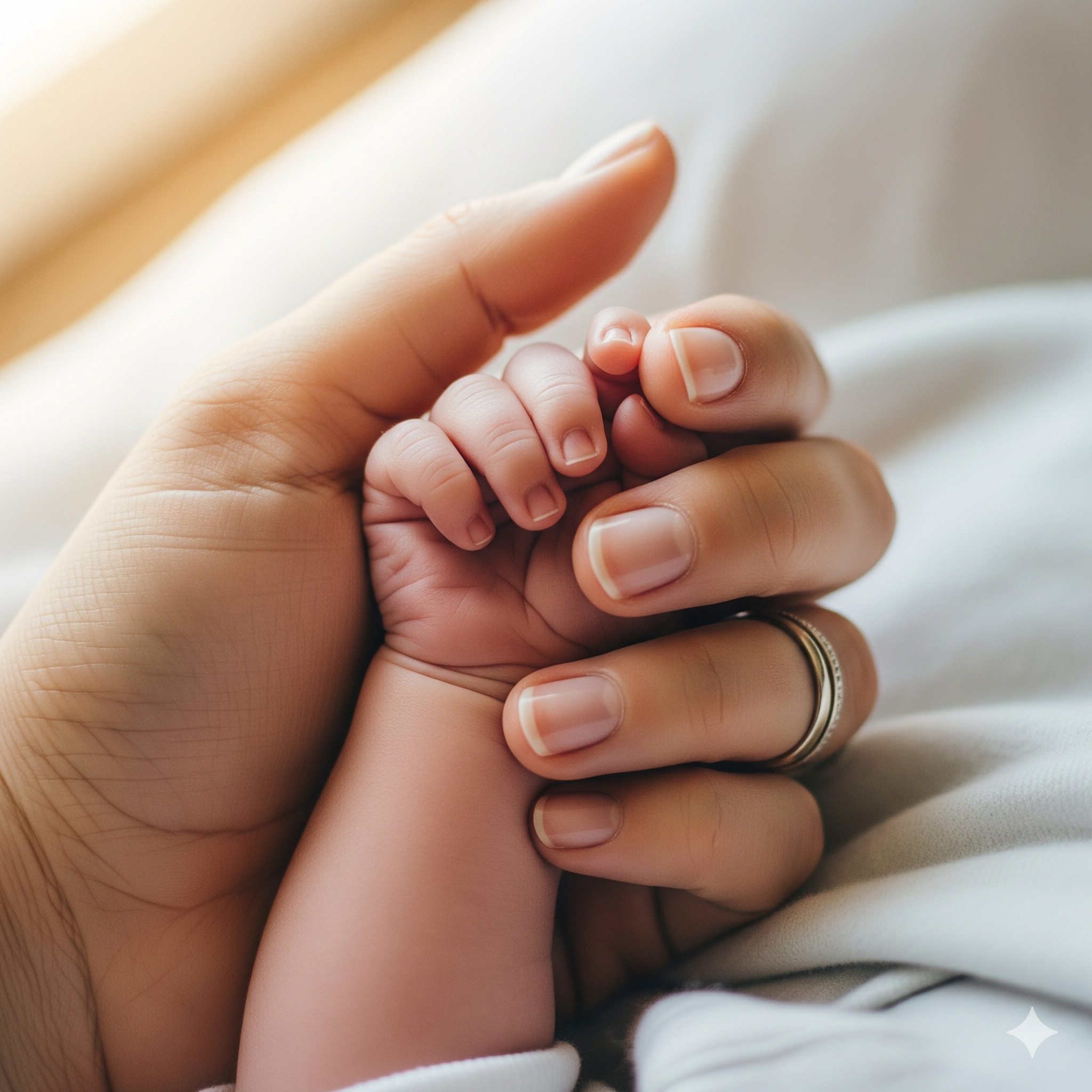 תמונת תקריב עדינה המציגה כף יד של אם אוחזת ברכות בכף ידו הזעירה של תינוקה, באווירה חמה ורכה.