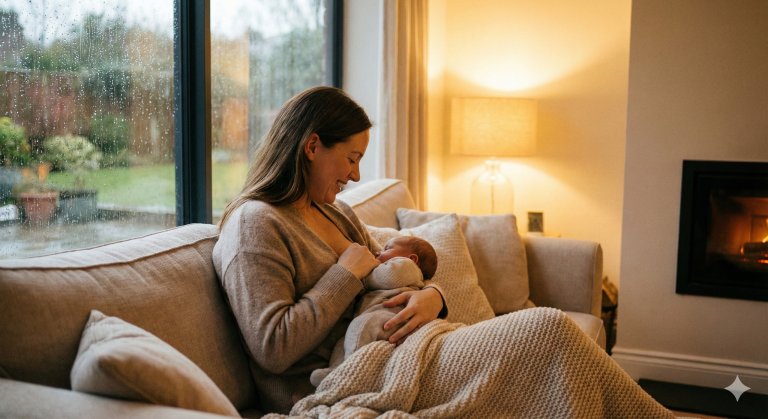 אמא מניקה את תינוקה בחורף, מציגה את הקשר בין הנקה בחורף וחיזוק המערכת החיסונית.