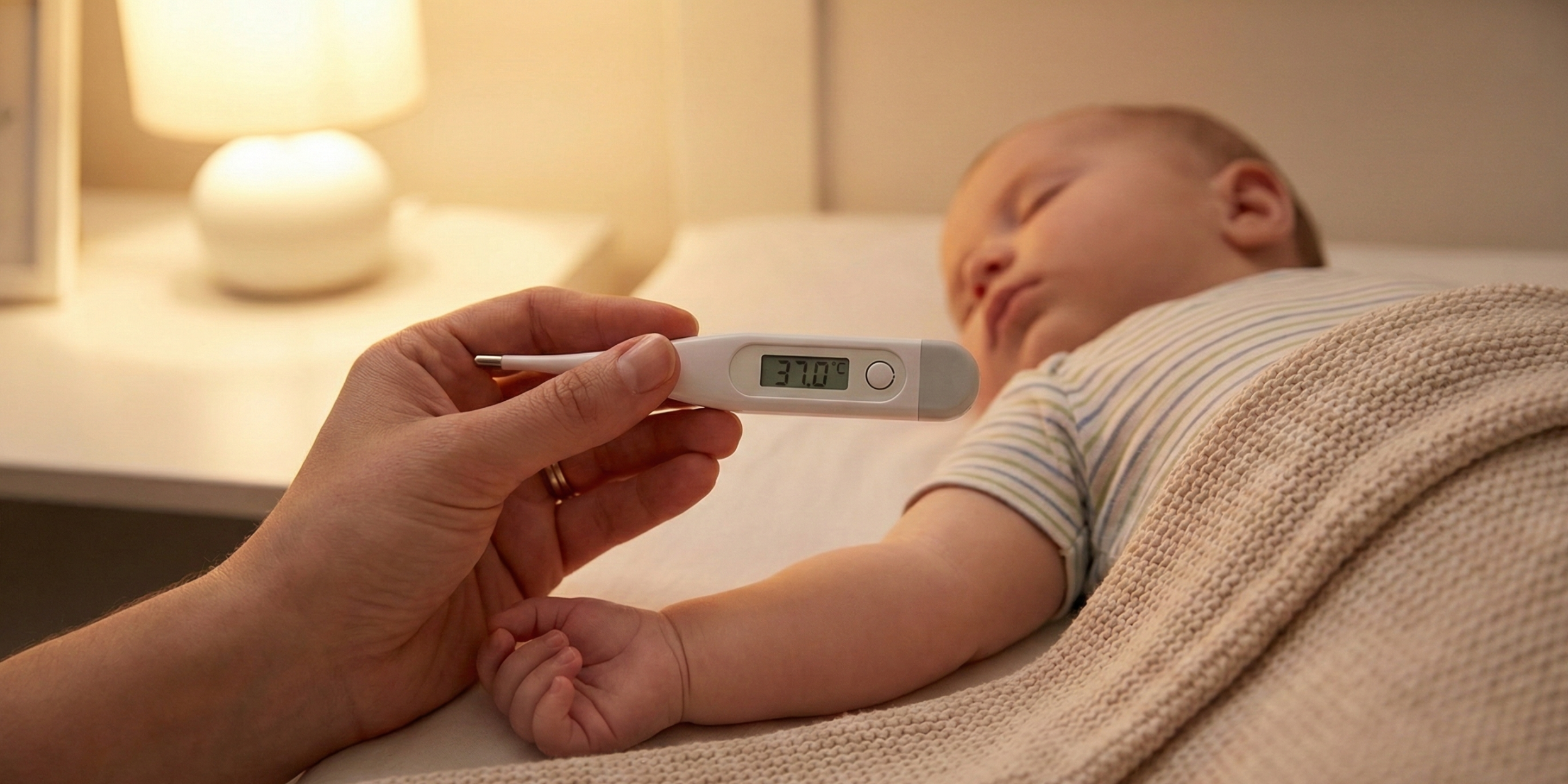 מדידת חום אצל תינוקות בעזרת מדחום דיגיטלי בזמן שינה