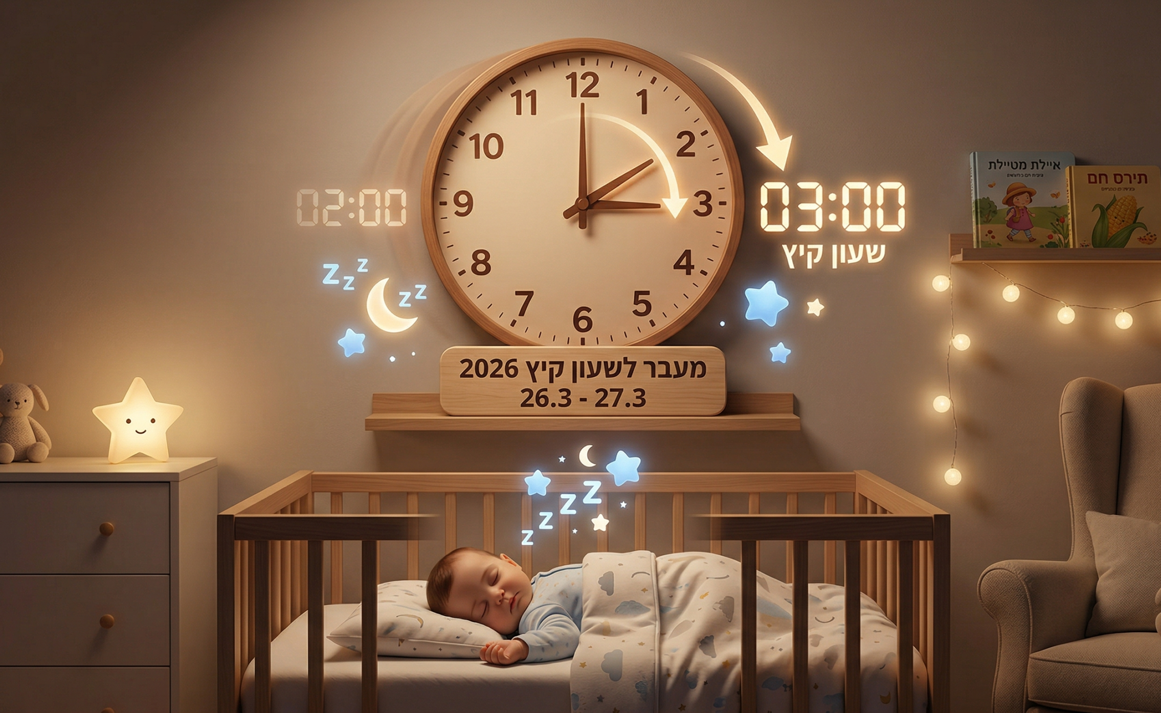תינוק ישן במיטה כשברקע שעון שמחליף שעה
