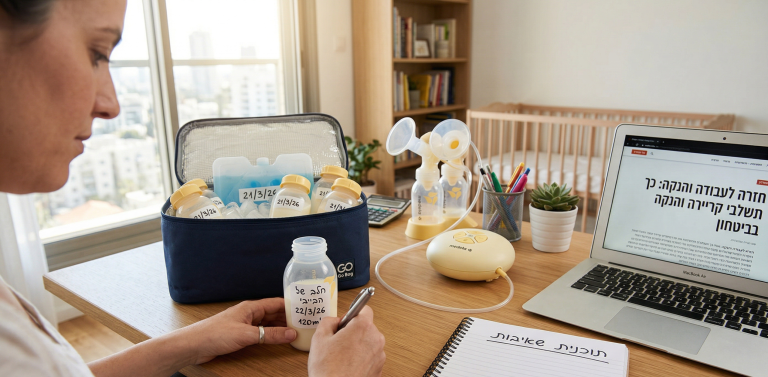 אמא טרייה מחייכת יושבת ליד שולחן עבודה משרדי מואר ומשתמשת במשאבת חלב חשמלית כפולה המחוברת לבקבוקים. לידה צידנית מבודדת פתוחה המכילה בקבוקי חלב אם שאוב ומסומנים בתאריך וכמות בעברית, המדגימה שילוב מוצלח ומנוהל של חזרה לעבודה והנקה. על מצחה מונח משטח 'Go Go' (חפץ מעבר), ומולה מחשב נייד פתוח המציג כתבה בנושא.