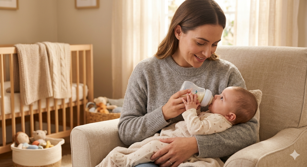 אמא מאכילה תינוק בבקבוק ברוגע כחלק מתהליך פתרון סרבנות בקבוקים