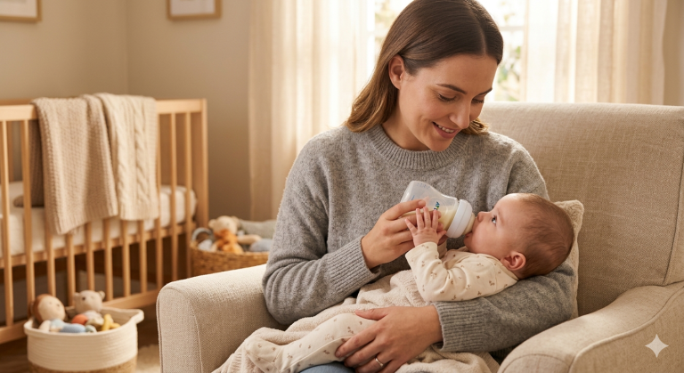אמא מאכילה תינוק בבקבוק ברוגע כחלק מתהליך פתרון סרבנות בקבוקים