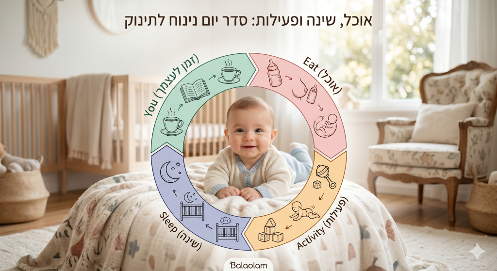 אינפוגרפיקה של סדר יום לתינוק המציגה את מחזור ה-EASY: אוכל, שינה ופעילות לתינוק רגוע ונינוח.
