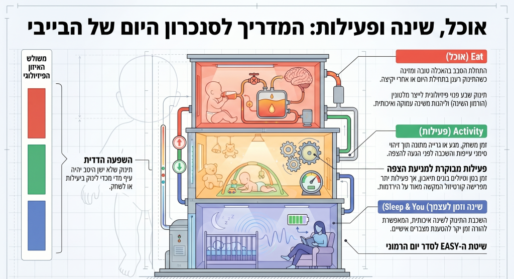 אינפוגרפיקה המדגימה את הקשר בין אוכל שינה ופעילות לתינוק לפי שיטת EASY. מדריך ויזואלי לבניית סדר יום רגוע מאת יועצת השינה עדי קורנגולד חיון.